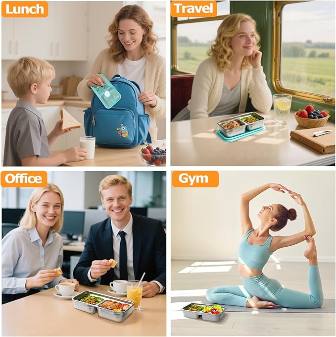 vovoyager Stainless Steel Snack Containers with Lids, Reusable Bento Lunch Container Box, Food Storage, Leak Proof, Dishwasher-Safe, Grab and Go for Work, 2 Pack-Double Compartment
