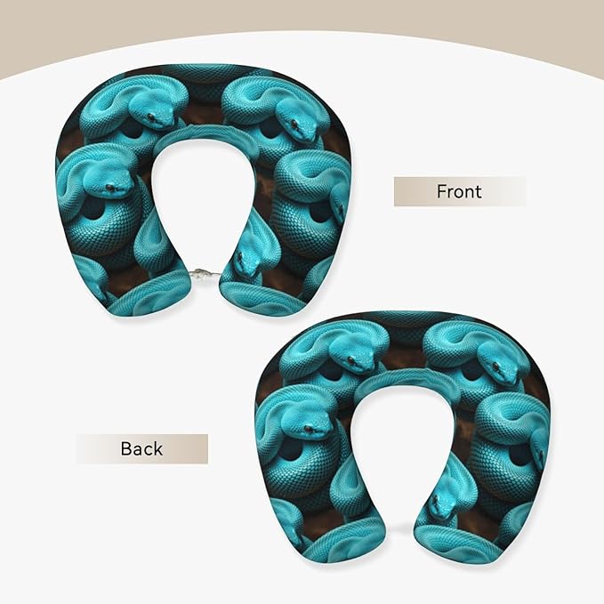 Travel Neck Pillows for Sleeping Rest Car Airplanes Mint Green Snake Print, Memory Foam with Removable Breathable Zipper Cover Washable for Men Women