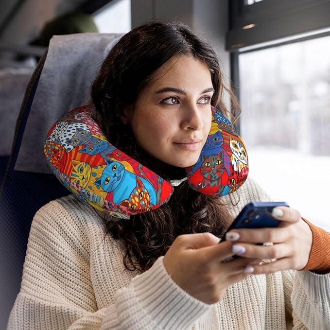 Neck Pillows for Travel Colorful Cats Painting, Women and Men Airplane Car Pillow, Neck Support U Shaped Pillow for Rest Pain Relief Sleeping