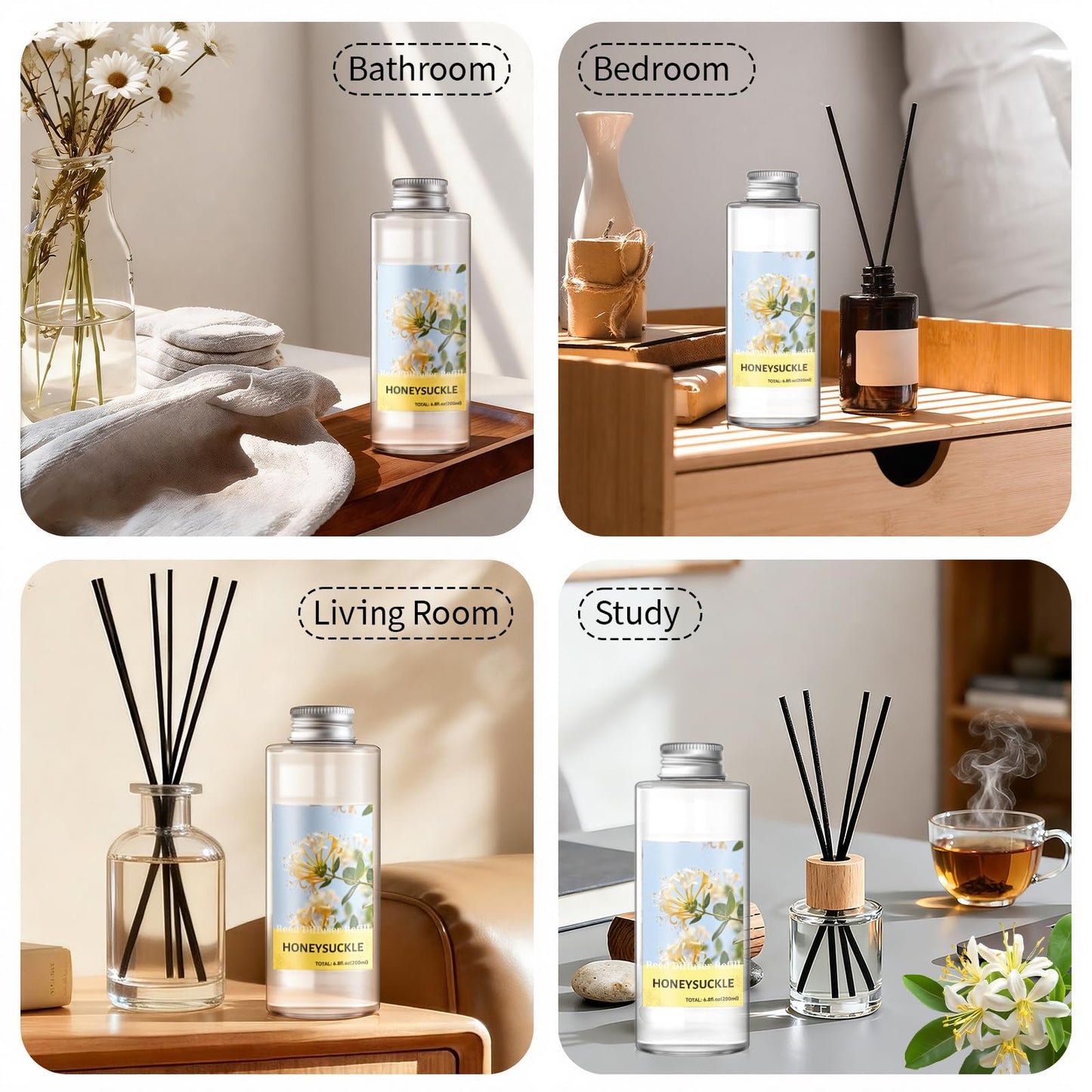 STRN Reed Diffuser Oil Refill, Honeysuckle Scented Diffuser Oil Refills with 6 Reed Sticks 200ML(6.8fl.oz), Room Fresheners for Home, Long-Lasting Summer Fragrance for Living Room, Bedroom, Office
