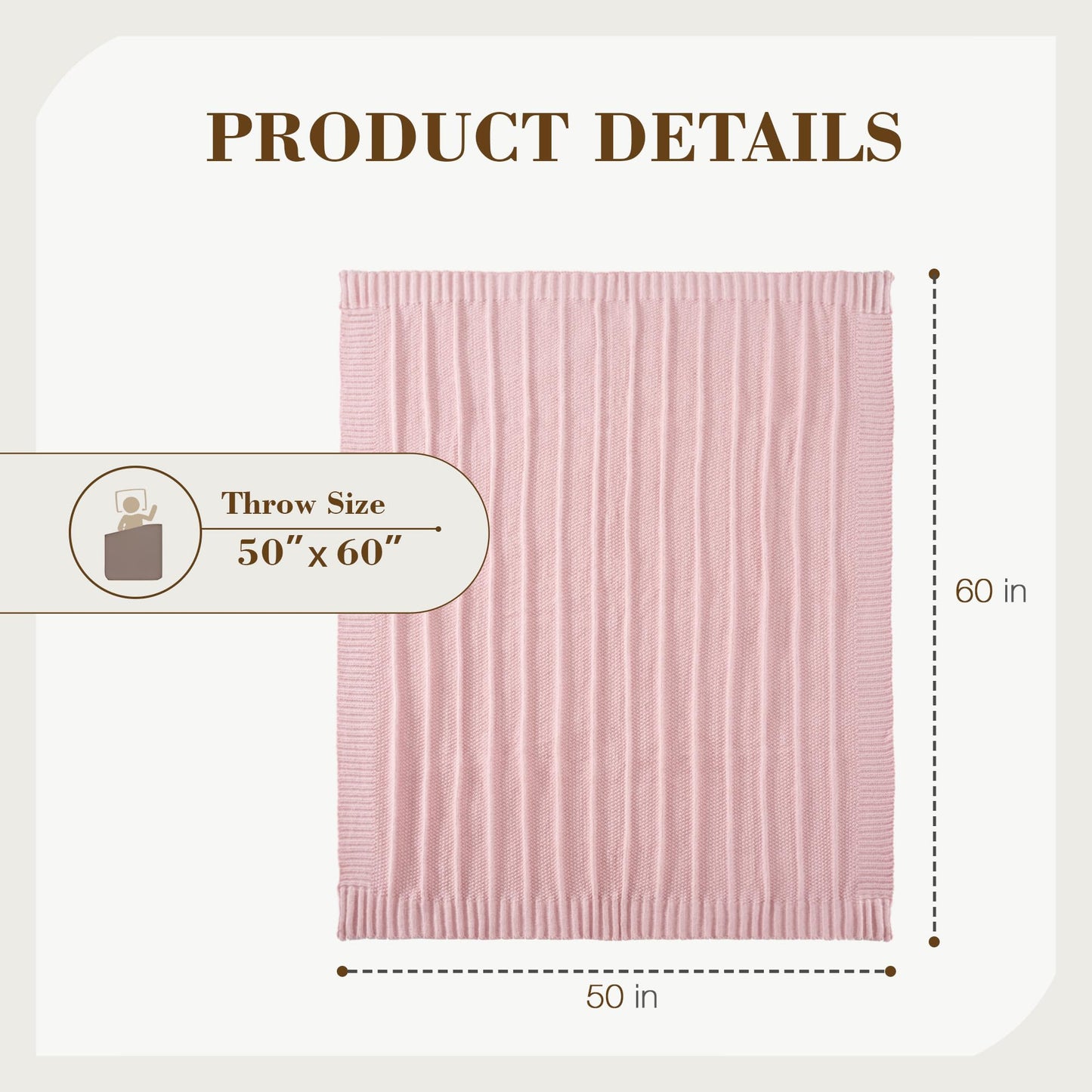 Carriediosa Knit Throw Blanket for Couch 50" X 60", Soft Cozy Stripe Pattern Cable Knitted Throws Fall Fluffy Textured Solid Home Decor Blankets Couch Cover for Bed Sofa, Dusty Pink