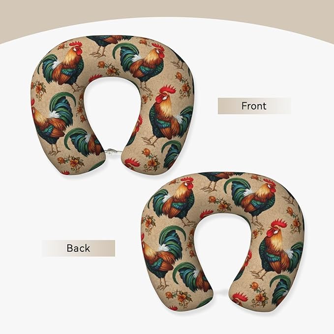 Neck Pillow Memory Foam Chin Cushion with Breathable Cover Retro Rooster, Cute Airplane Car Pillows for Office Head Pain Relief