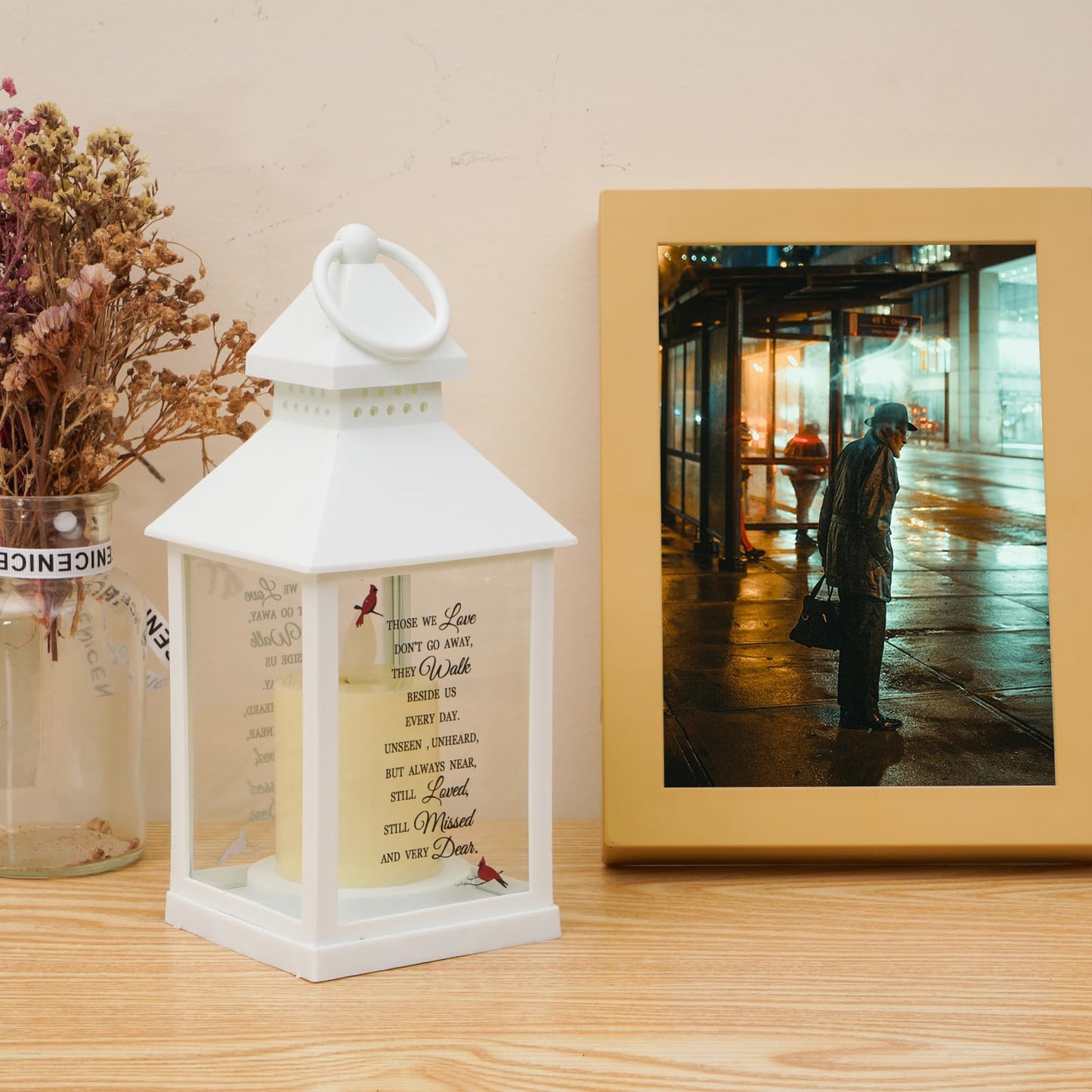 Sympathy Gifts for Loss of Loved One, Memorial Gift Lantern with Card, Bereavement Gift Candle Lights, Memory Lamp with Remote for Funeral Remembrance or Condolences (White)
