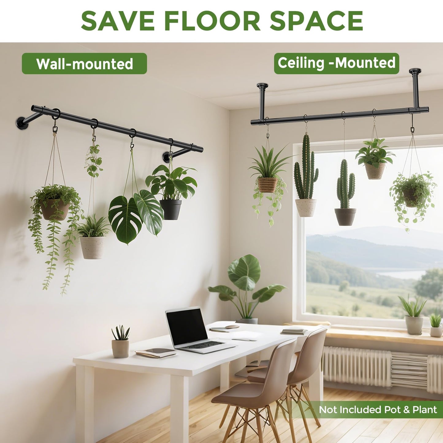 Mogaath Window Plant Hanger Indoor, 32 Inch Heavy Duty Plant Hanging Rod, 1 Inch Metal Hanging Plant Holder for Window Wall, Matte Black Round Flange Base, Pot Not Included