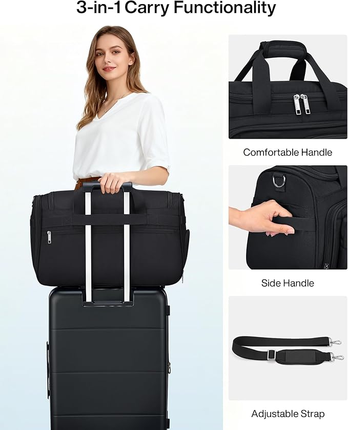 MILADA Carry On Luggage Bags for Travel Large Foldable Duffle Bag for Travel Lightweight Personal Bags for Airplanes Weekend Overnight Bags for Women Mens Travel Bag, Black