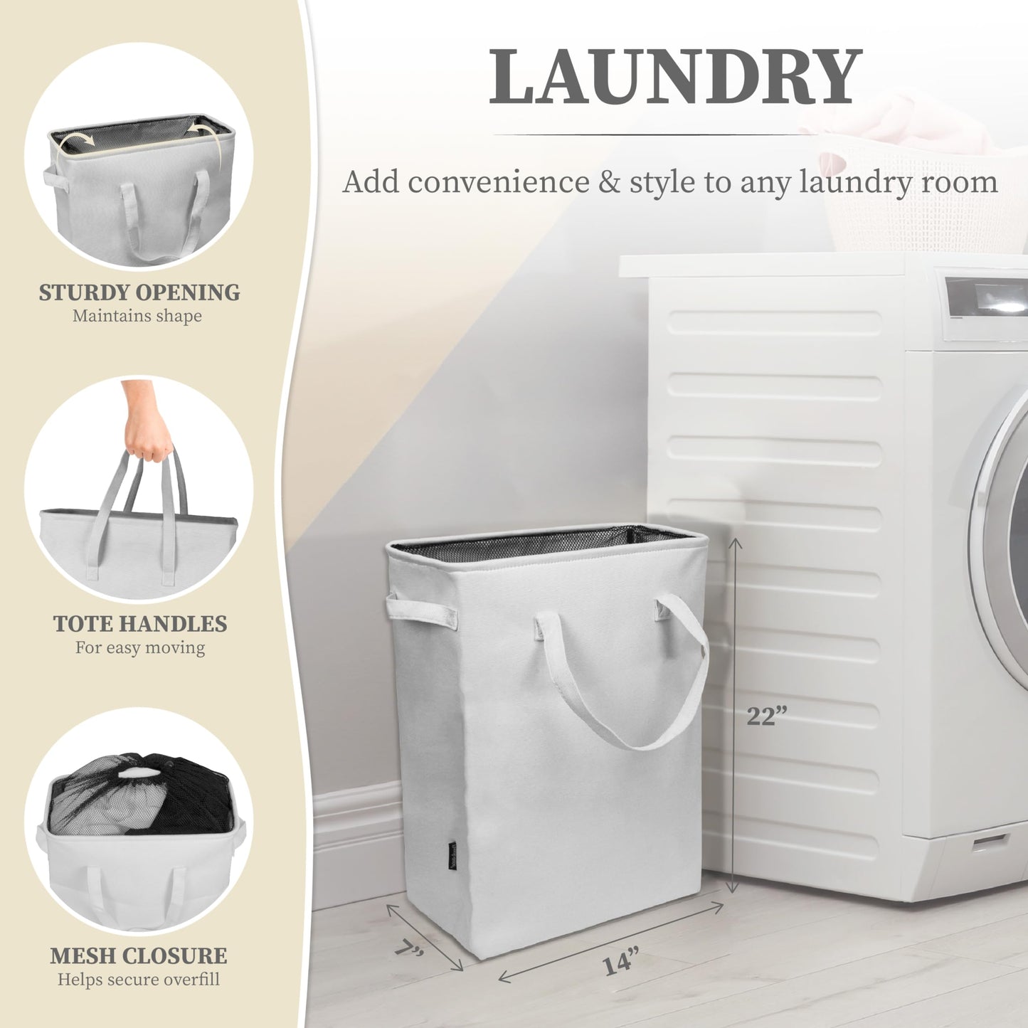 BROOKSTONE, Slim Laundry Hamper with Handles, Perfectly Sized for Everyday Use, Foldable Travel Laundry Bag for Dirty Clothes, Laundry Basket for Dorms and Bedrooms