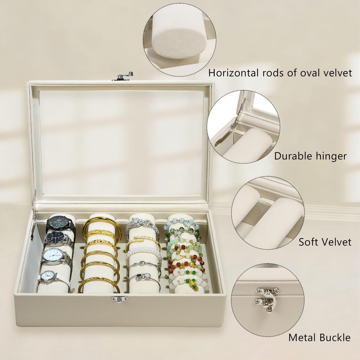 OrizeGe Jewelry Box with Glass Lid Bracelet Holder PU Leather for 4 Horizontal Rods Beige Velvet Watch Case for Women