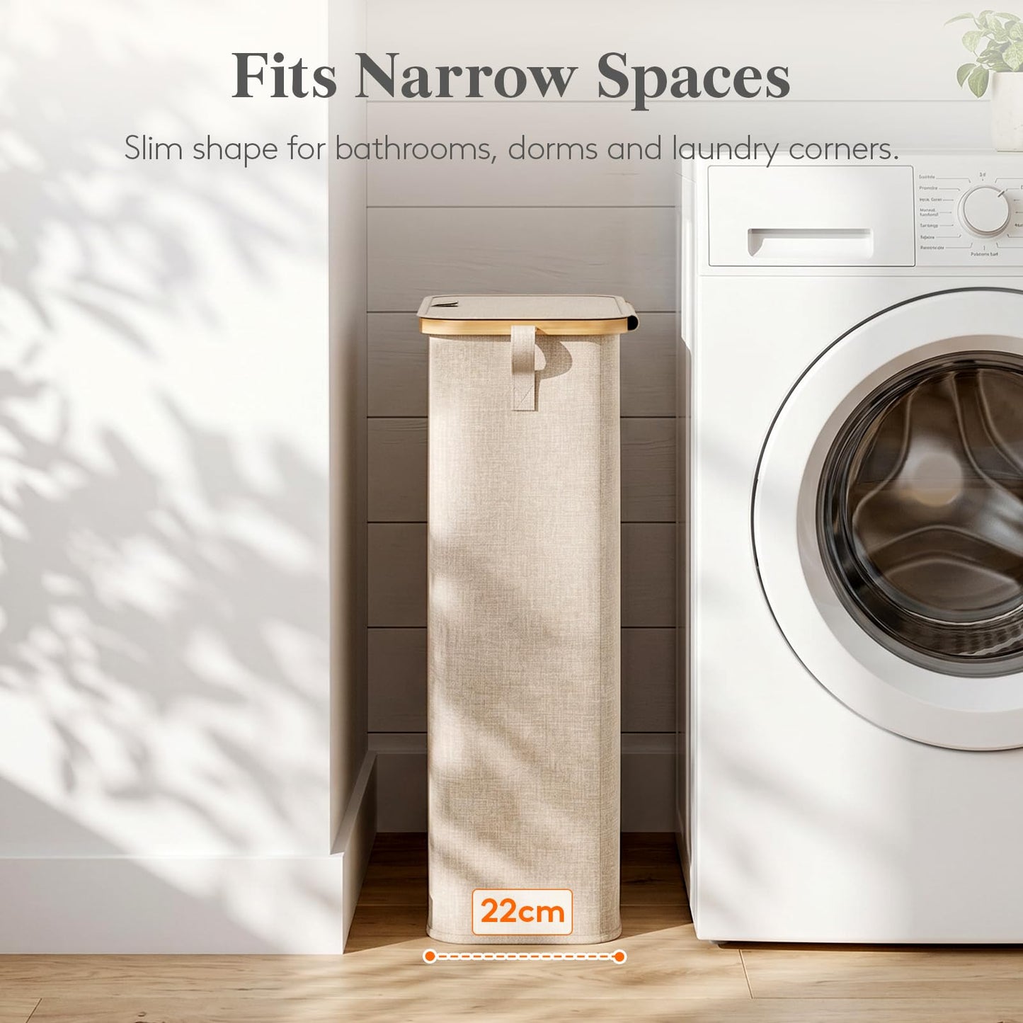 Lifewit 65L Slim Laundry Hamper with Lid, Narrow Laundry Basket with Removable Bag & Bamboo Handles, Fodable Thin Dirty Clothes Hamper for Laundry Collapsible Bin for Bathroom Bedroom Dorm, Beige