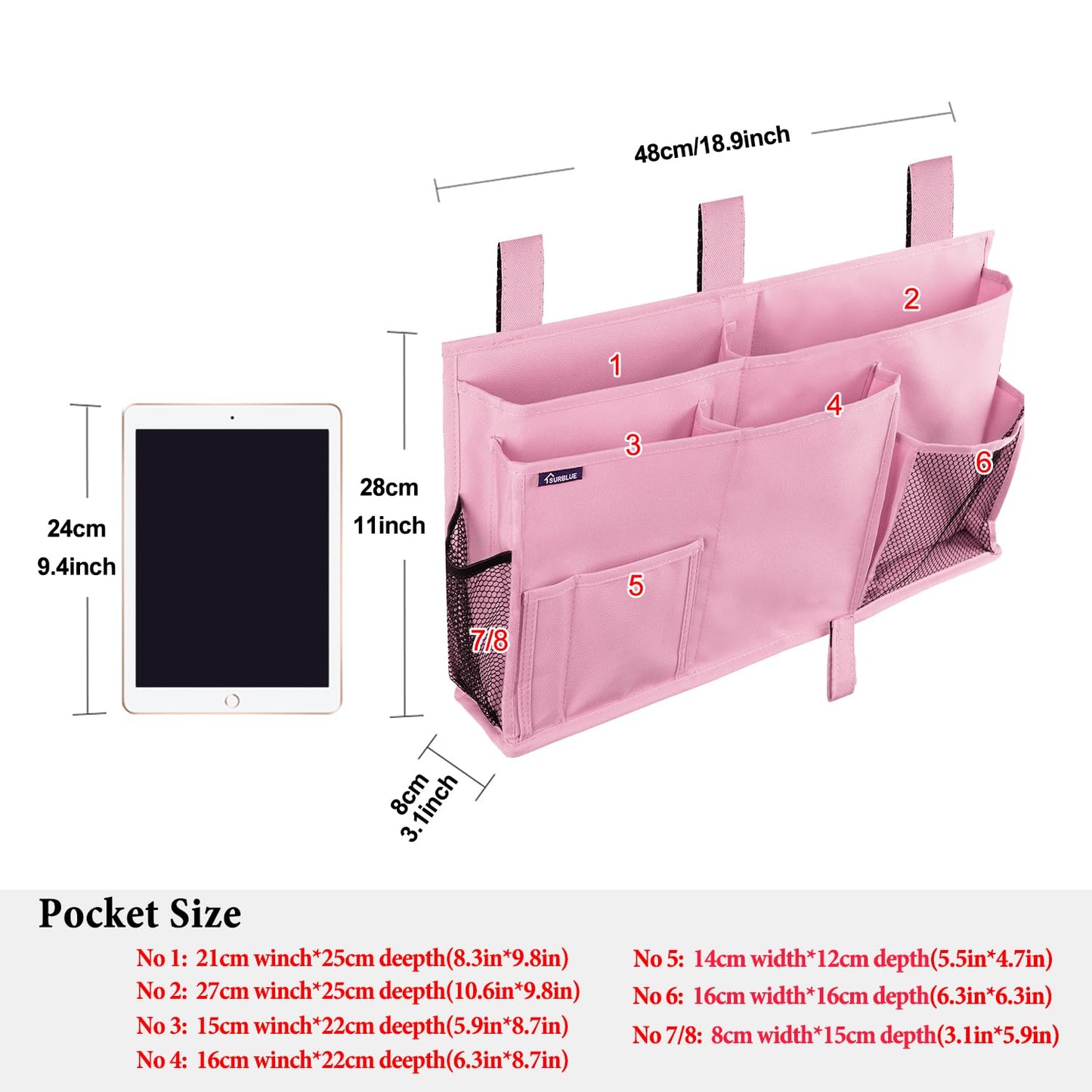 Surblue Caddy Hanging Organizer Bedside Storage Bag for Bunk and Hospital Beds, Pink, L