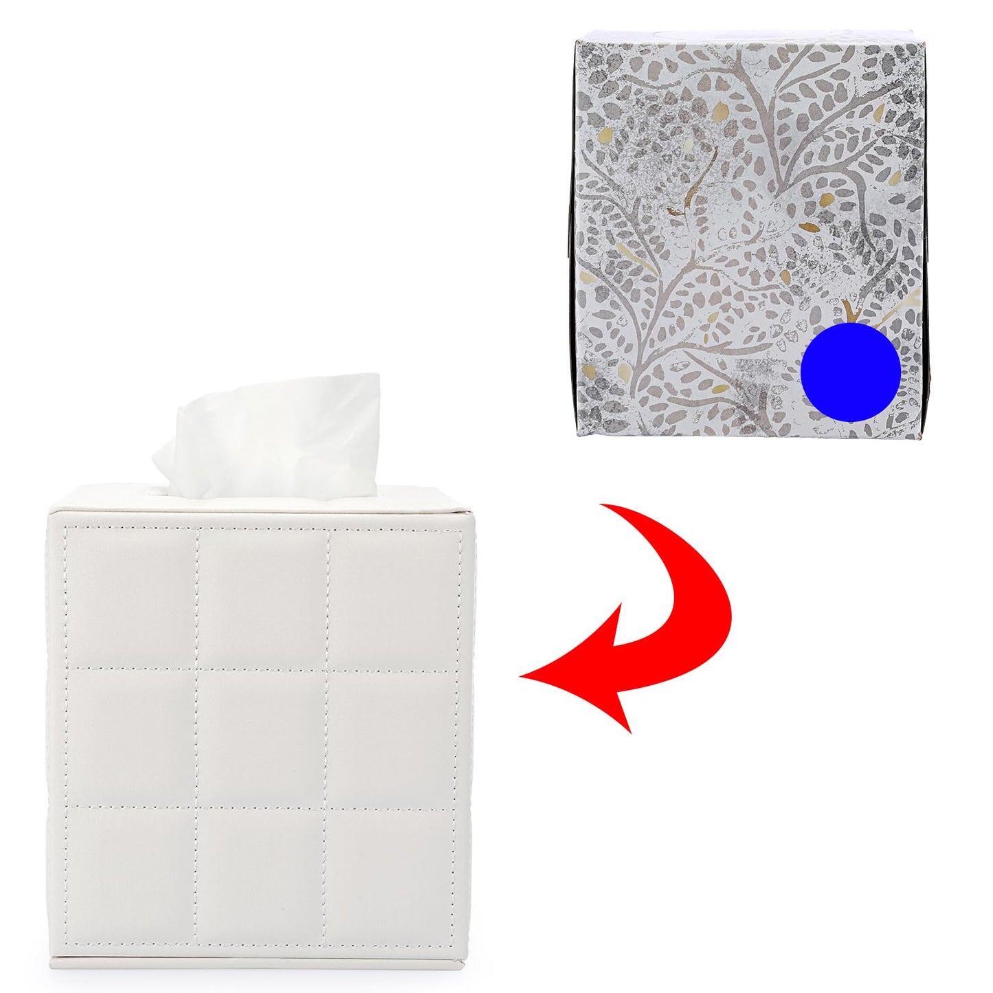 Sumnacon Square Leather Tissue Box Cover - Stylish Cube Tissue Box Holder with Magnetic Bottom, Decorative PU Tissue Box for Vanity Dresser Night Stand Table Countertop Home Office Car, Grid White