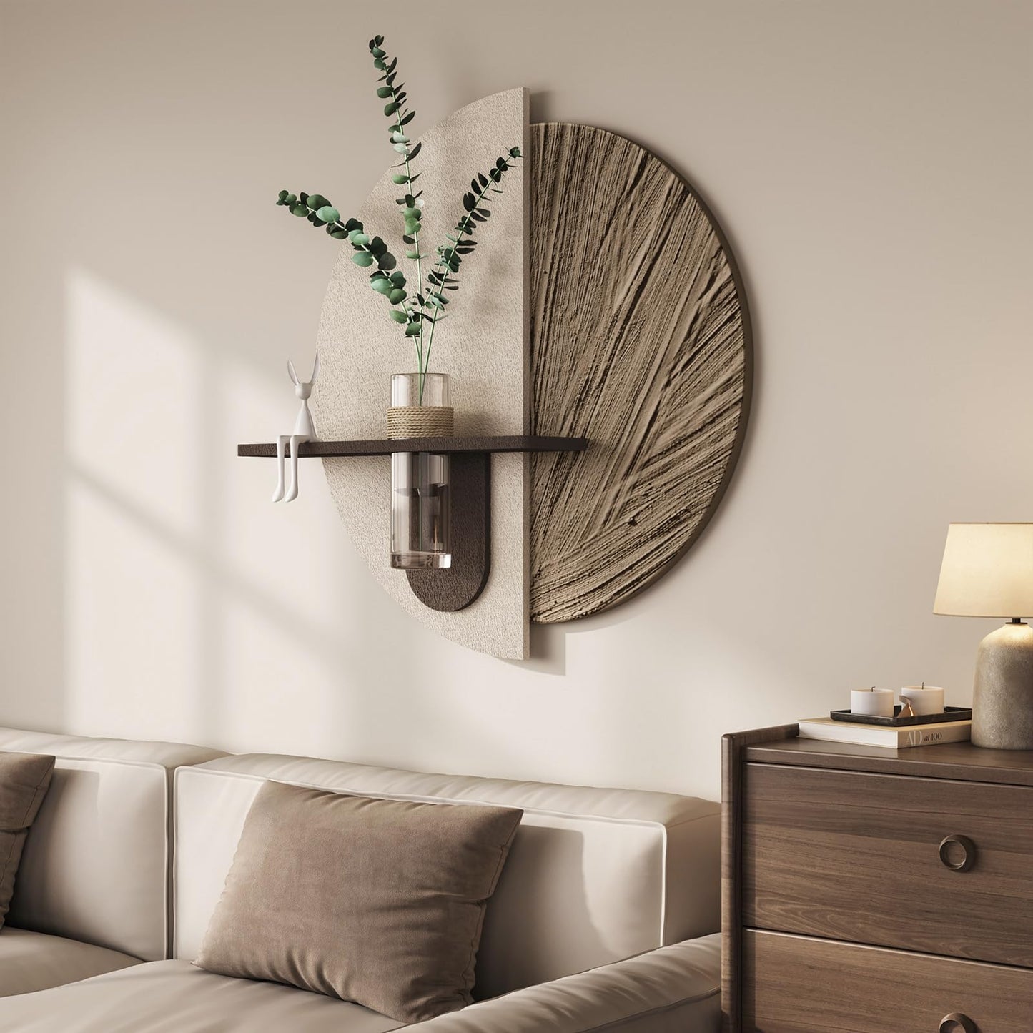 Troartos 3D Textured Neutral Abstract Wall Art with Vase, White and Brown Wall Decor with Rabbit Decoration, Minimalist Geometric Artwork for Living Room Hallway Dining Room Bedroom Office, 24x24 In
