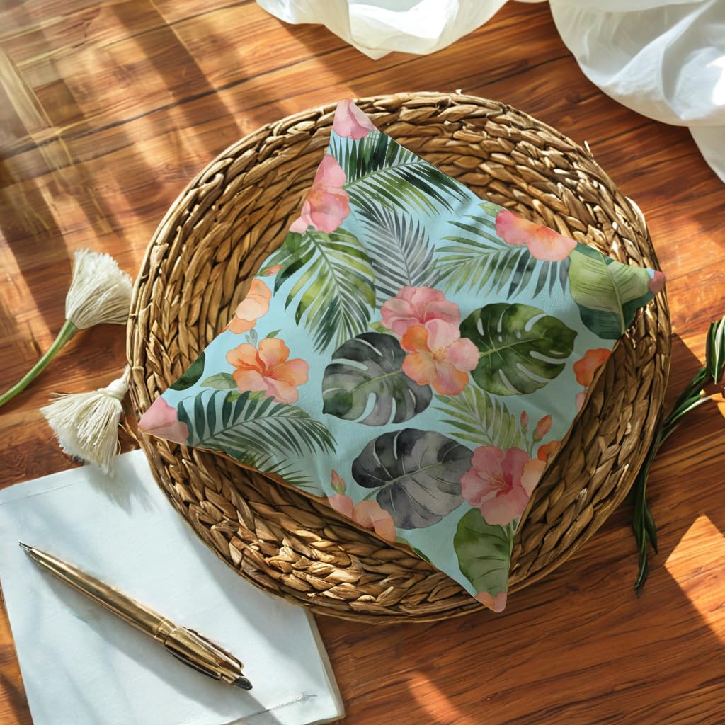 JAERUE Tropical Floral Throw Pillow Covers with Palm Leaf Hibiscus Flowers Decor Pillow Cases Farmhouse Summer Patio Decorative Cushion Covers 18 x 18 Inch,2Pack for Sofa Couch(Blue)