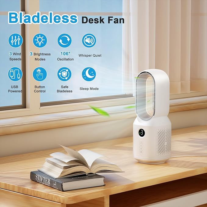 Desk Fan,13 Inch Portable Bladeless Fan, Small Quiet Office Fan with 106° Oscillating, 3 Speeds & Night light, LED Display, Button Control, Personal Table Fan for Bedroom, Office, Home, Study Room