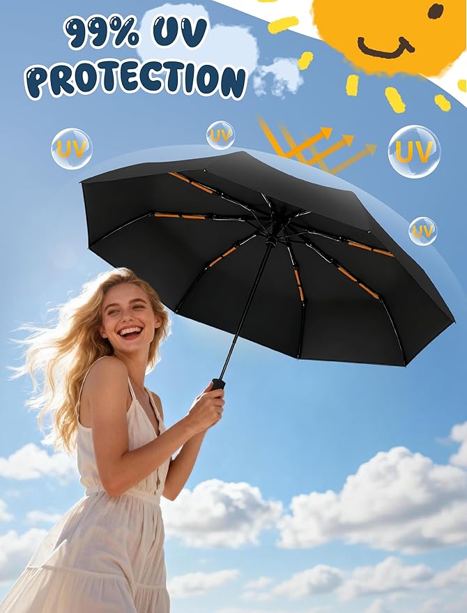 Yoobure Automatic Travel Umbrellas for Rain - Portable & Compact Umbrella for Backpack, Car, UV Umbrellas for Sun Protection, Windproof Folding Small Umbrella in Macaron for Kids, Women, Colorful