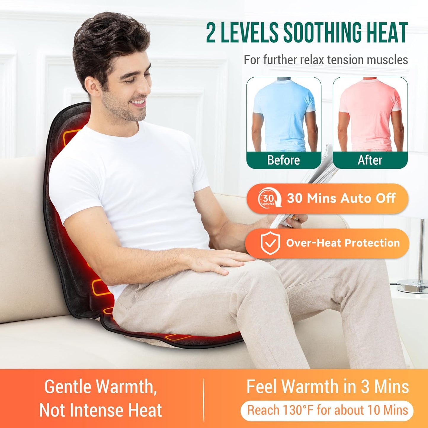 Snailax Vibration Back Massager with Heat, Massage Seat Cushion with 6 Vibrating Motors and 2 Heat Levels, Massage Chair Pad for Home Office use, Gifts for Mom