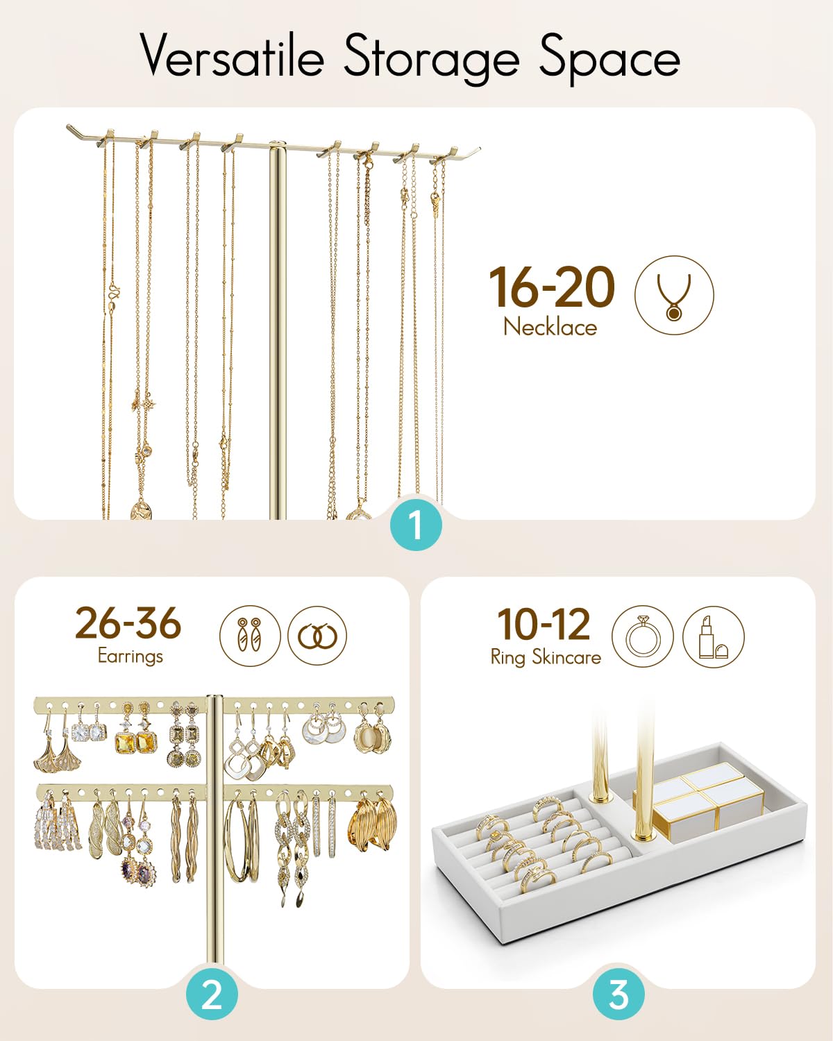 VLANDO 2 Tier Jewelry Stand Organizer with Tary, Leather Jewelry Holder Display for Women, Gold Jewlery Holder Stand for Necklace, Earring, Bracelet, Rings - White