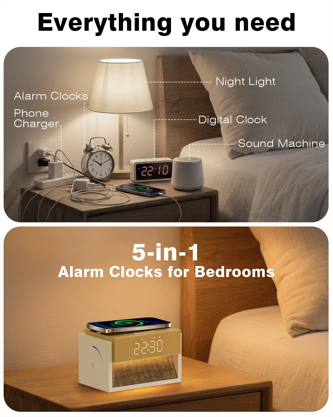 Bokefo Sunrise Alarm Clock with Wireless Charger, White Noise Sound Machine with 20 Soothing Sounds, Wake Up Light Sunlight Simulator, Bedroom Desk Clock for Heavy Sleepers Kids Adults