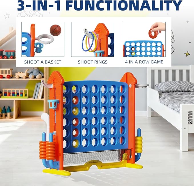 Giant Connect Game - Jumbo 4-to-Score Giant Set with 42 Jumbo Rings,Row Board Game 4 - Connect with Basketball Hoop, Perfect for Kids, Family and Party Floor Games
