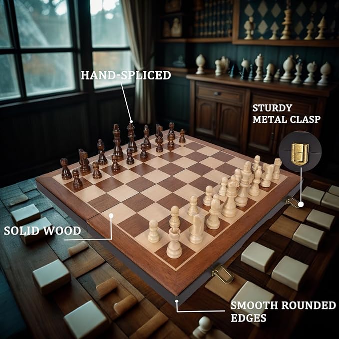 Chess Magnetic Wooden Chess Set 15" Unique Chess Board Game with Chess Pieces Storage Slots, Tournament Portable Folding Travel Chess Sets for Kids Adults Beginner and Pros, 2 Extra Queens