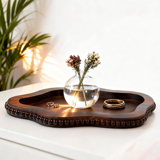 Ansonation Small Wooden Decorative Tray with Bead, Cloud Candle Tray Perfume Tray Coffee Table Decor Vintage Cloud Storage Ottoman for Coffee Table, Dining Room and Living Room Brown