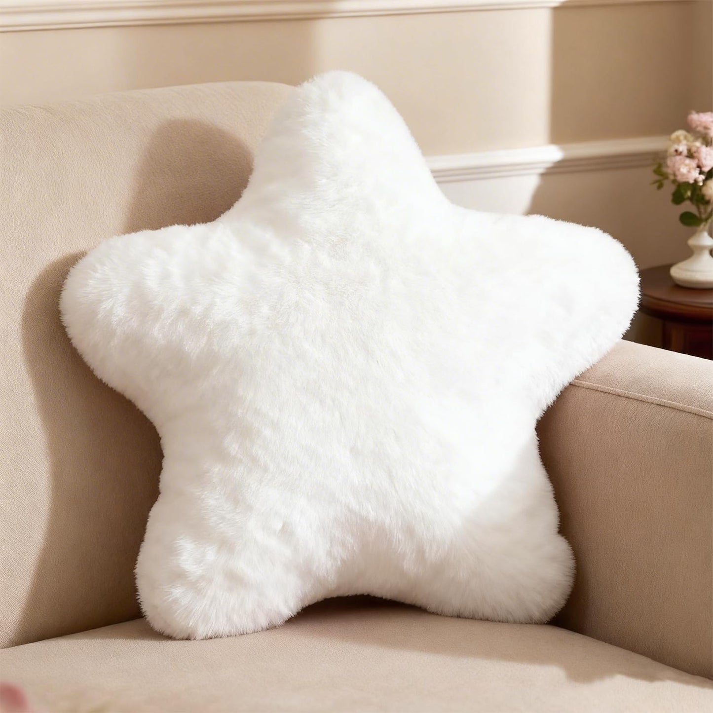 YRXRUS Star Pillows, White Star Shaped Pillow, Decorative Throw Pillow Gifts, Cute Plush Room Decor, Fluffy Faux Rabbit Fur 14"x14"Pillows for Living Bedroom