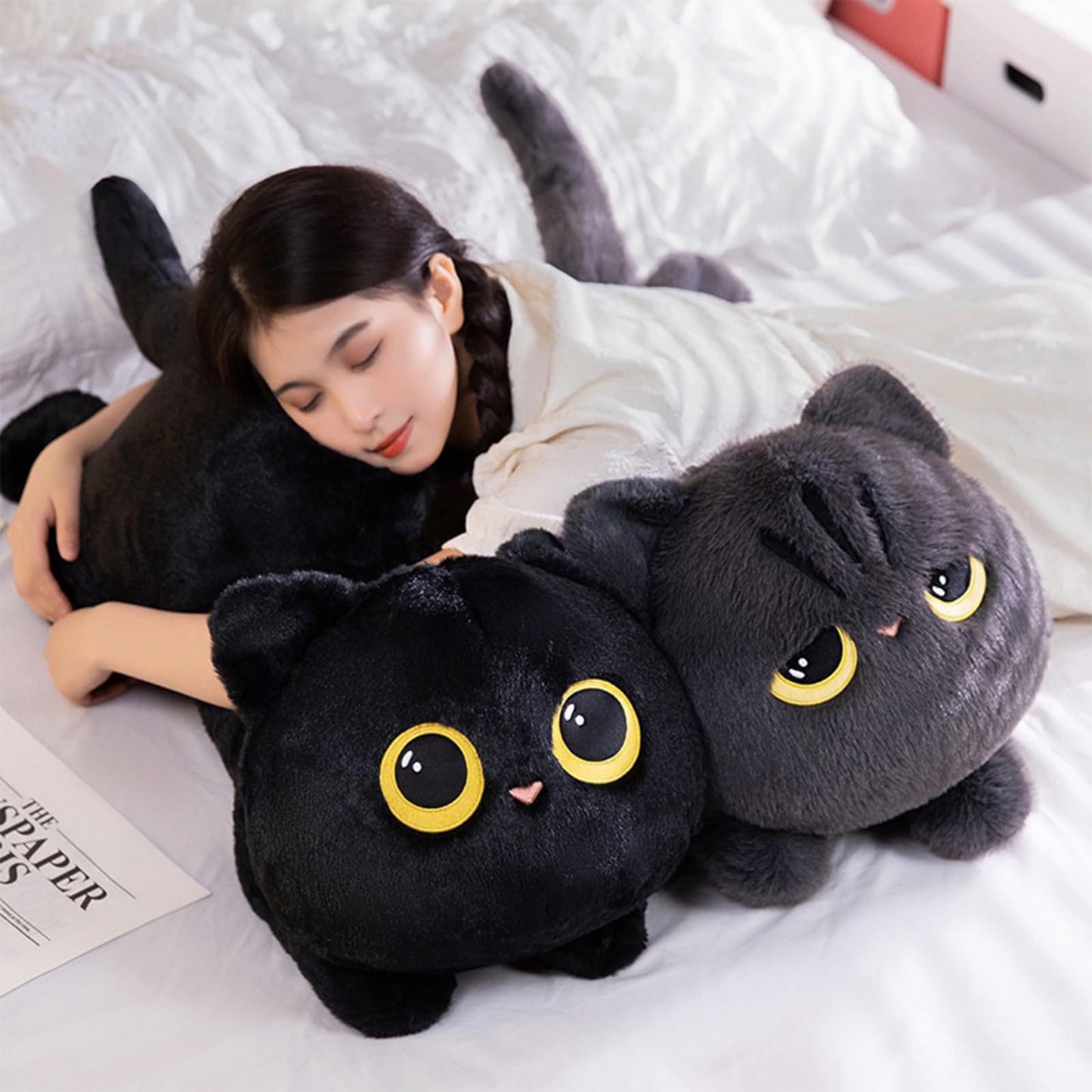 PEACH CAT 27.5" Long Cat Plush Pillow Cute Kitten Stuffed Animals Plushies Toy Gifts for Kids Black