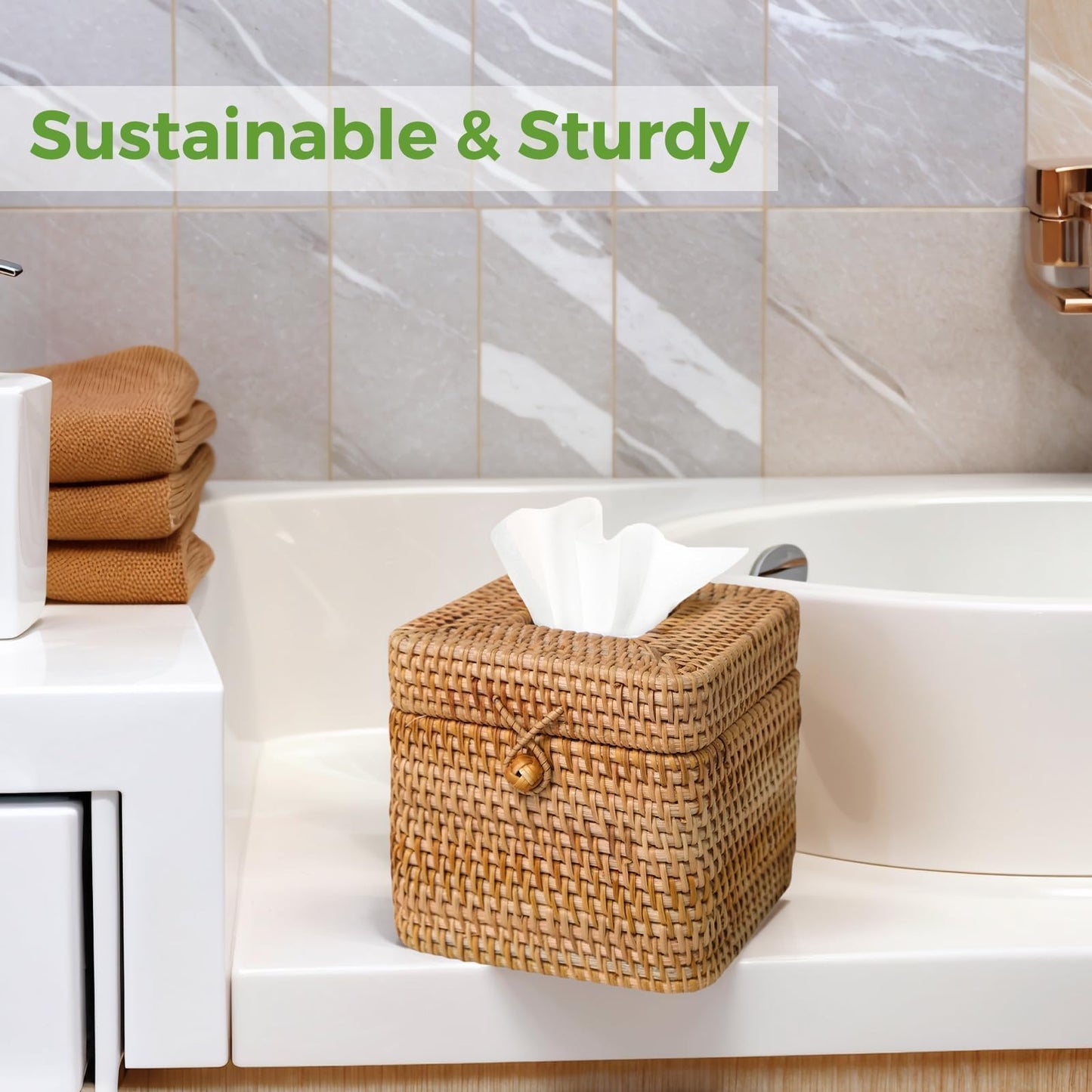 Rattan Tissue Box Cover Square, Handwoven Wicker Tissue Box Holder with Hinged Top Lid, Decorative Tissue Holders for Bathroom Living Room Kitchen Office, Natural