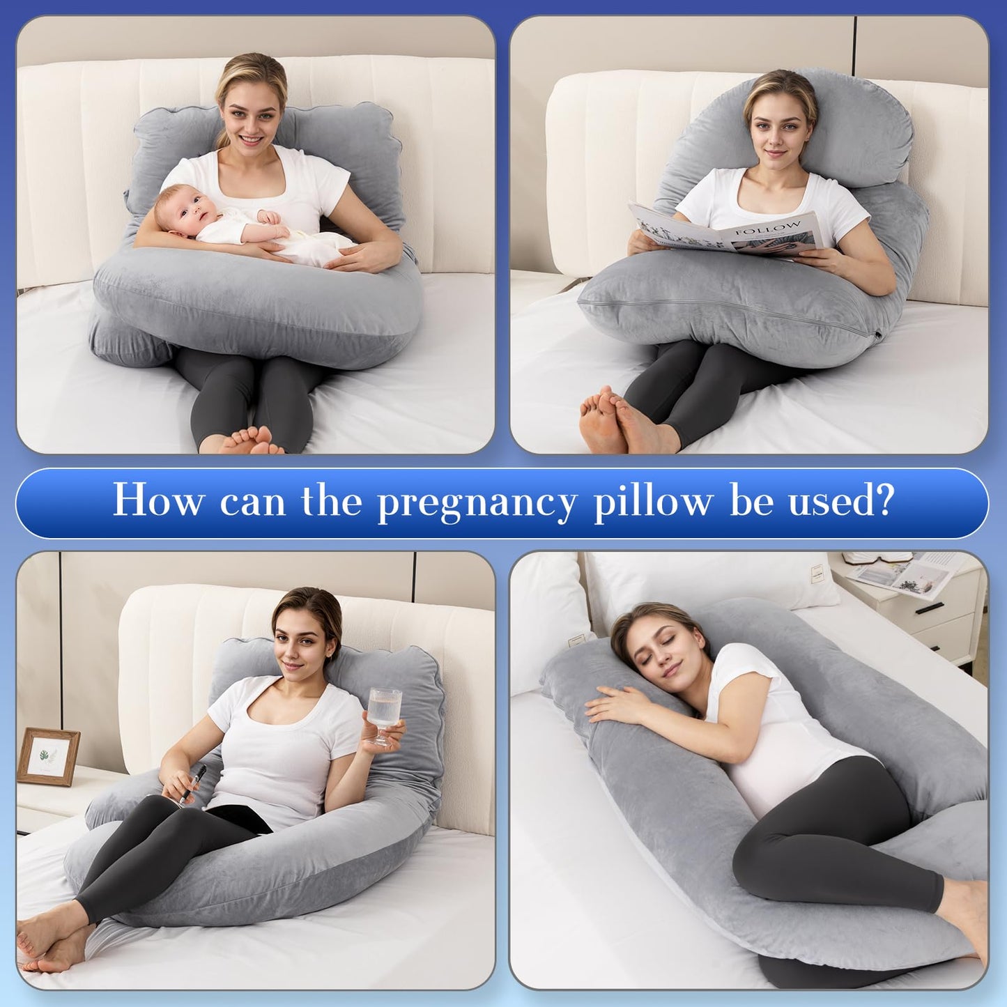 Pregnancy Pillows for Sleeping, U Shaped Full Body Maternity Pillow with Removable Velvet Cover - Support for Back, Legs, Belly, Hips for Pregnant Women, 57 Inch Pregnancy Pillow for Women, Grey