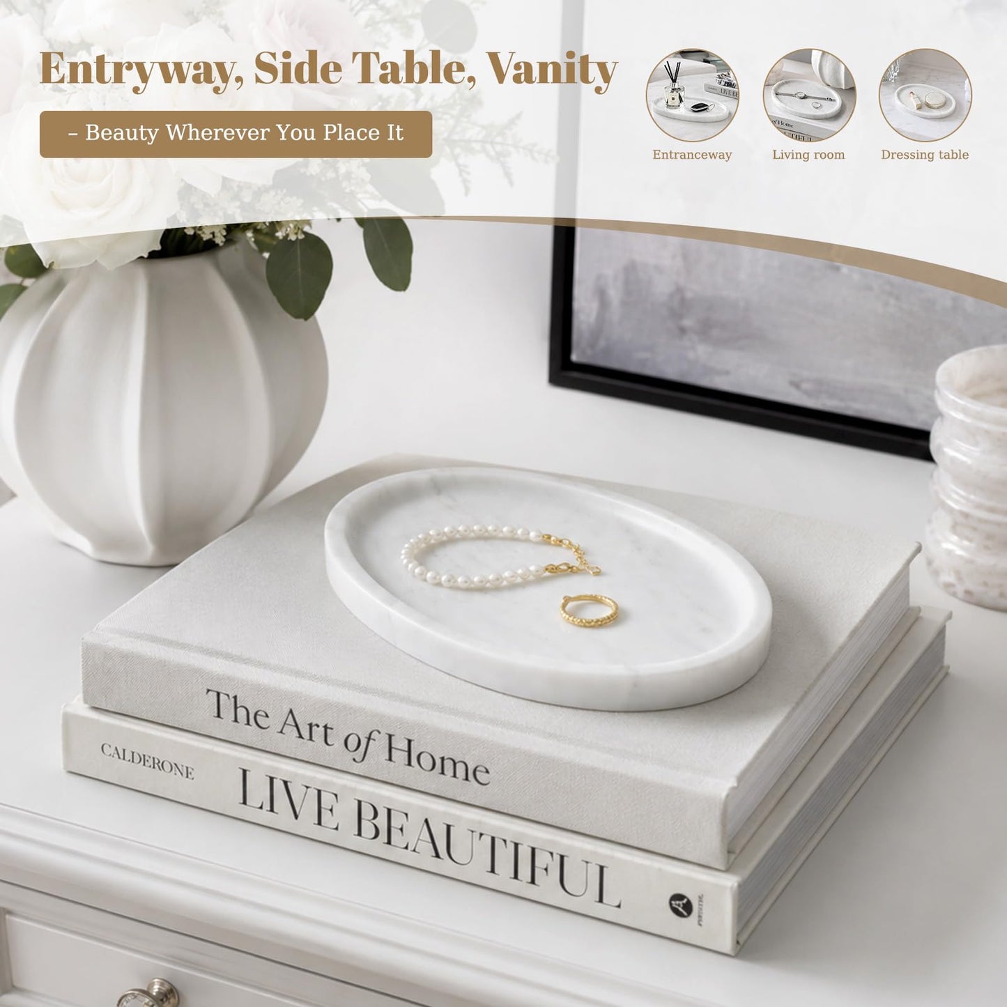 Koville Carrara Marble Tray, Oval Vanity Decorative Marble Tray for Home, Countertop Organizer, Catchall Tray for Perfume, Candles, Jewelry