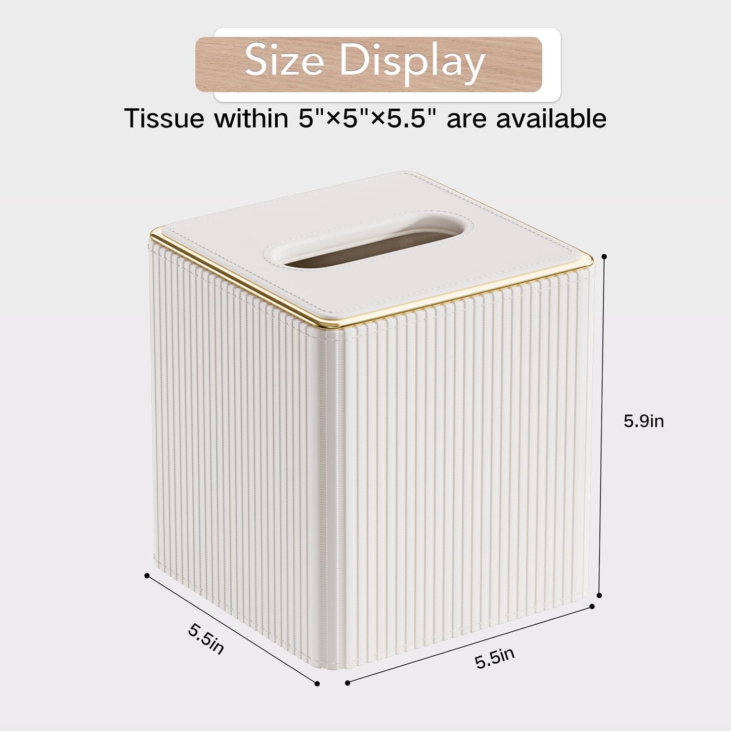 GORESE Tissue Box Cover Square Kleenexs Box Cover, PU Leather Tissue Cover with Gold-Tone Edging, Cube Tissue Box Holder for Bathroom Livingroom Car, Modern Decorative Kleenexs Cover, Cream White