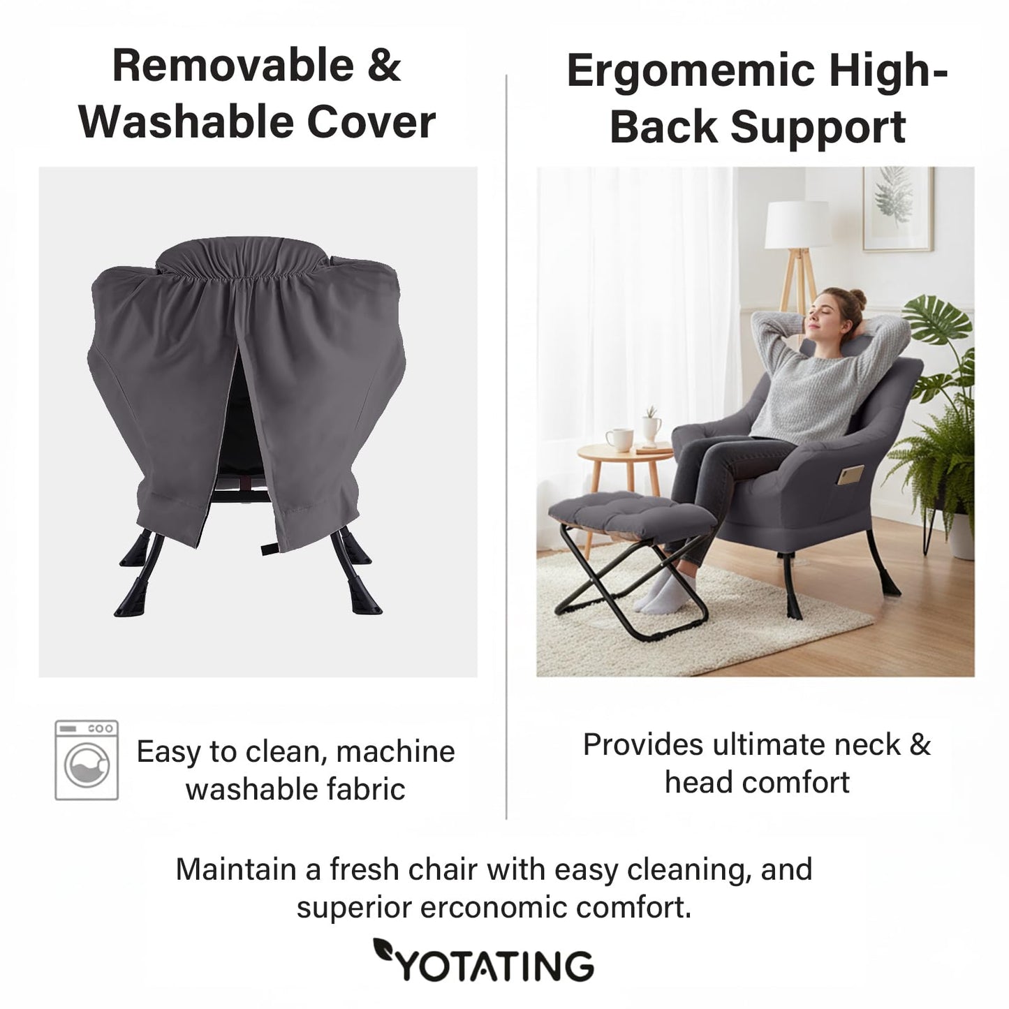 YOTATING Lazy Chair with Ottoman, Modern Accent Leisure Sofa Chair with Footrest Stool & Throw Pillow, Modern Lounge Chair with Armrests for Living Room, Dark Grey