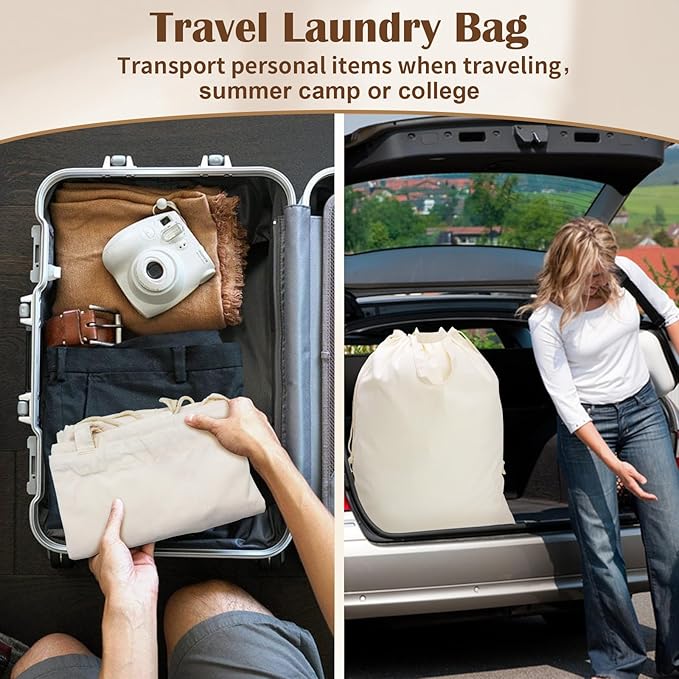Canvas Laundry Bag with Handles & Drawstring Closure 27.5”x35", Thick Cotton Laundry Bag Large Heavy Duty Washable Dirty Clothes Travel Sack for Camp, College Dorm, Laundromat (Beige L, 2 Pack)