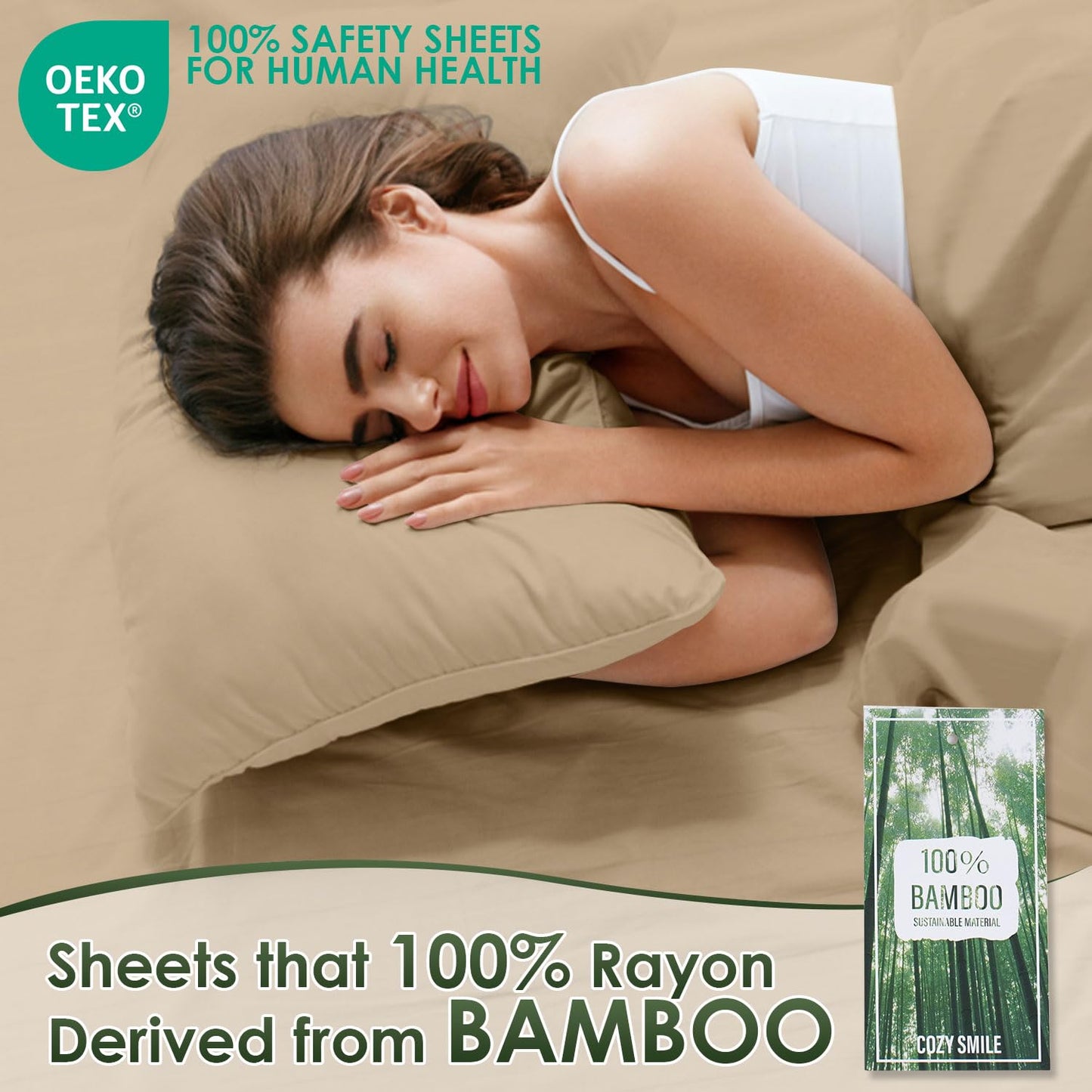 CozySmile Bamboo Sheets King Sheets Set, 100% Organic Viscose Derived from Bamboo Bed Sheet Set, Luxuriously Soft & Cooling,4 Pcs Bed Set with Deep Pockets,Wrinkle Free, Double Stitched Seams (Beige)