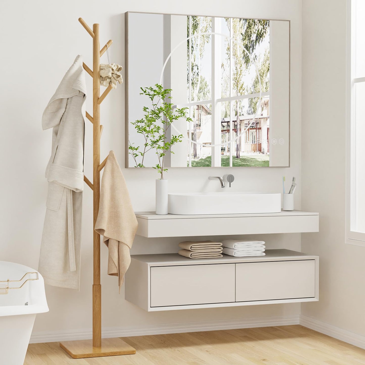 YheenLf Coat Rack Freestanding with Stable Square Base for Cloathes, Hat, Used in Bedroom, Office and Entryway, Sturdy and Easy Assembly Coat Tree with 3 Adjustable Sizes and 8 Hooks, Natural