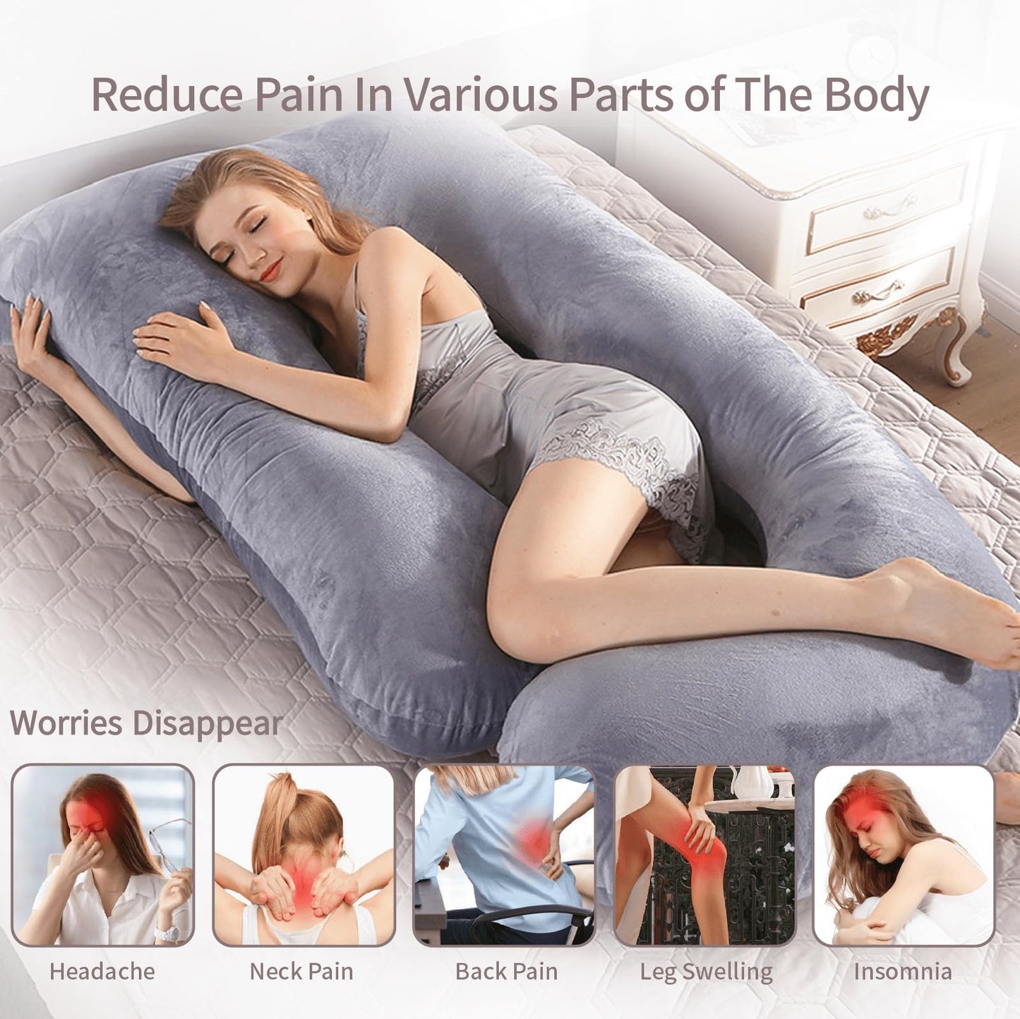 HychYAYA 60 Inch Full Body Pregnancy Pillows for Sleeping Cooling Pregnancy Pillow,U Shaped Pregnancy Body Pillow,Maternity Pillows for Pregnant Women with Removable Washable Velvet Cover.(Grey)