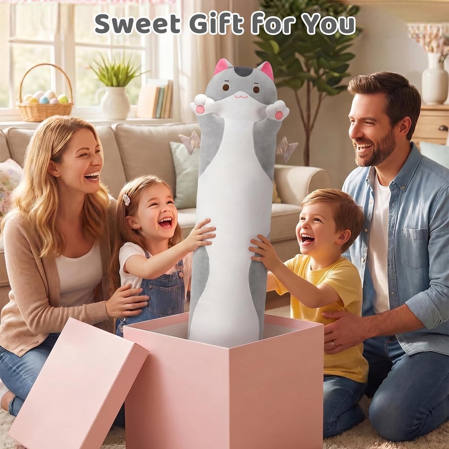 Mewaii 20” Long Cat Plush 5 Sizes, 120% Extra Filling Giant Plushness Kids Body Pillow, Kawaii Cute Grey Cat Stuffed Animals Plushies, Big Long Body Pillow Cat Plush Gift for Girls 20”