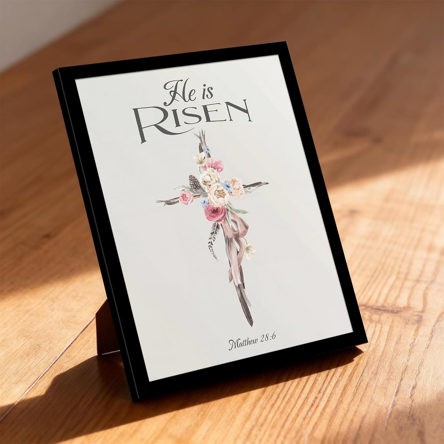 dzbLuck Christian Wall Art He Is Risen Canvas Print, Floral Cross Artwork with Bible Verse Matthew 28:6, Religious Wall Decor for Living Room Bedroom Church Home 12x16 Inch