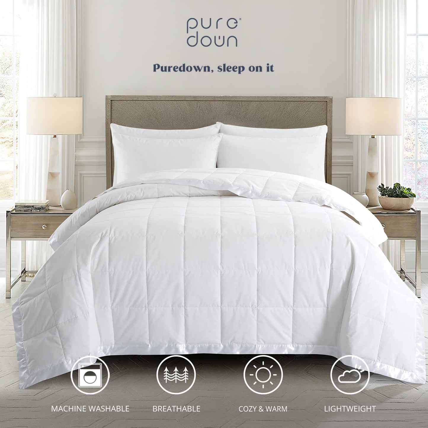 puredown® Blankets King Size - Soft Lightweight Down Blanket for Bed, Cozy Warm Luxury Bed Blanket with Satin Trim, White (108"X90")