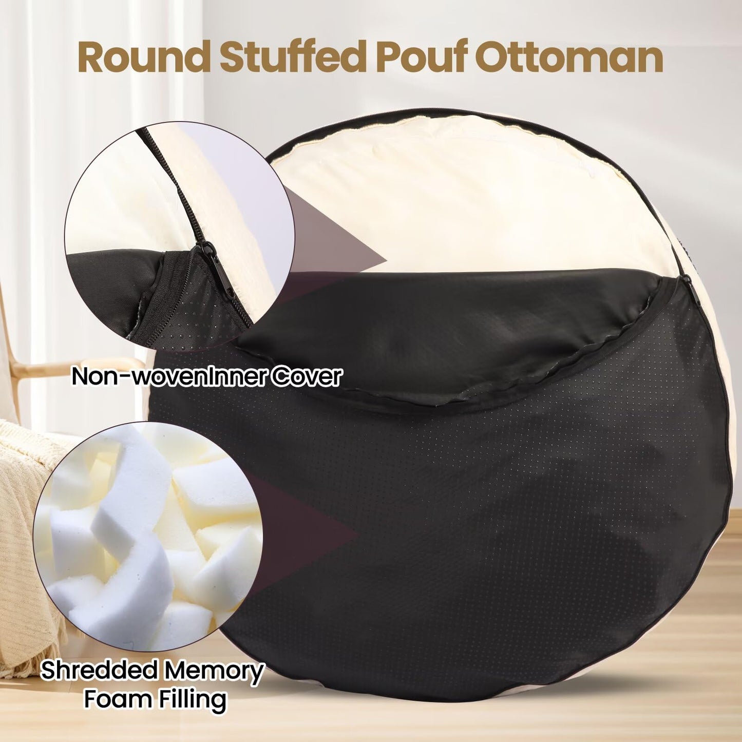 VBGYA Round Pouf Ottoman Foot Rest with Foam Chunk Filling, Corduroy Ottomans for Living Room Floor Poufs (20"x15",Beige)
