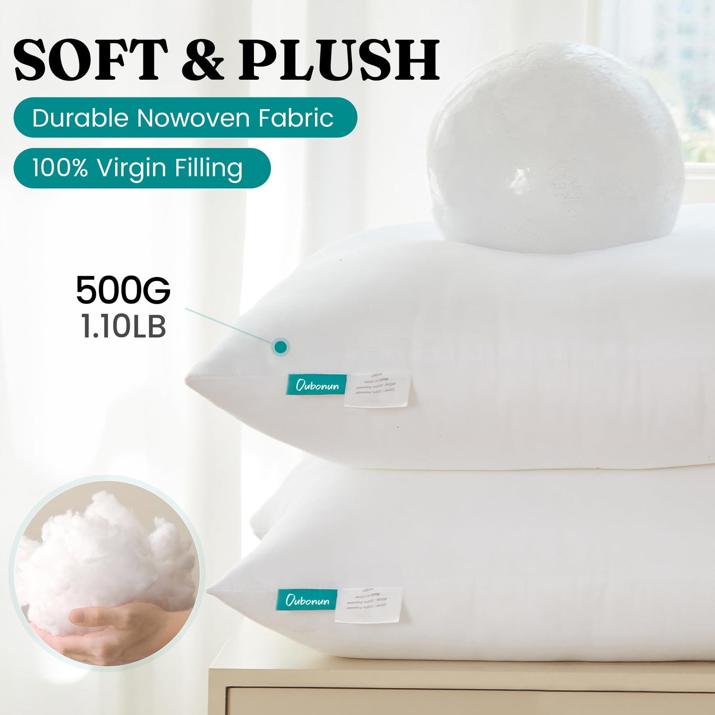 Oubonun 18 x 18 Throw Pillow Inserts - Soft, Plush & Decorative Down Alternative Pillows for Couch Sofa Bed, Machine Washable - White, Pack of 2