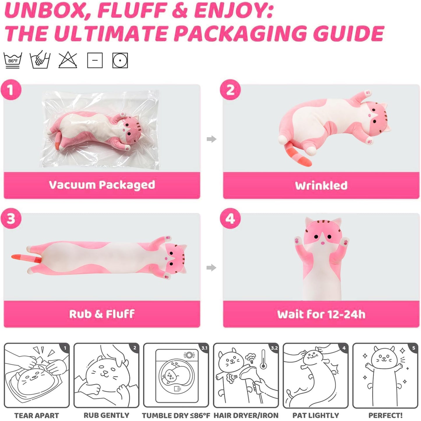 shangman Lovely Plush Cat Doll Cute Cartoon Soft Stuffed Kitten Long Throw Sleeping Pillow Doll Toy Gift for Kids Girlfriend Multiple Size (Pink,50cm/19.6in)