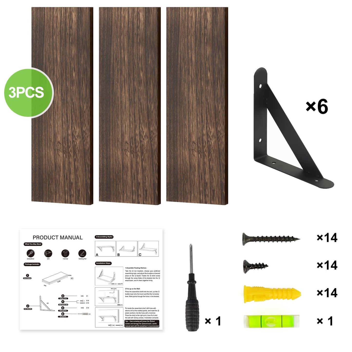 Fixwal Wall Shelves Floating Shelves for Wall Bedroom Bathroom Living Room Kitchen Storage and Decor(Brown, Set of 3, 16.5 Inch)