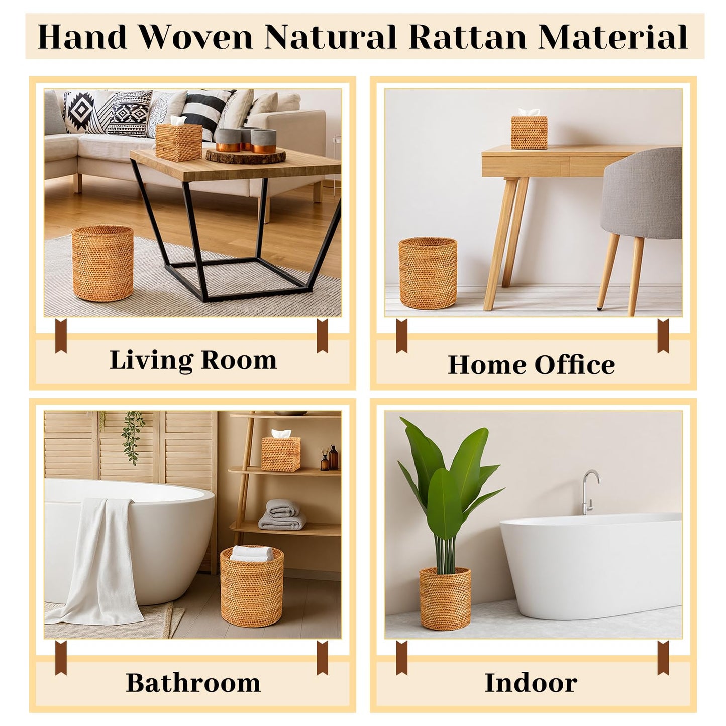 Teenyyou Log Color 2 Pcs Rattan Trash Can & Square Tissue Box Cover, Rattan Hand Woven Basket Set Wicker Bathroom Accessories for Bedroom Kitchen Office Organizer