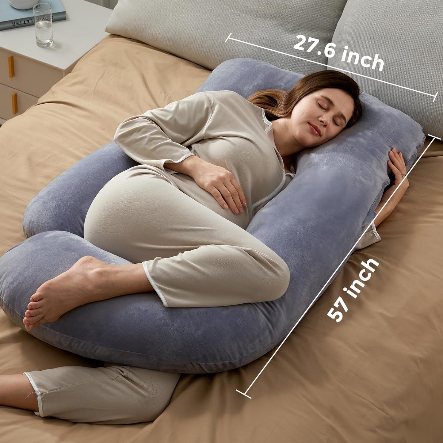 U-Shaped Pregnancy Pillow 57-inch Full Body Maternity Pillow for Sleeping, Back, Hip & Belly Support – Grey Pillow with Removable Washable Cover for Side Sleepers