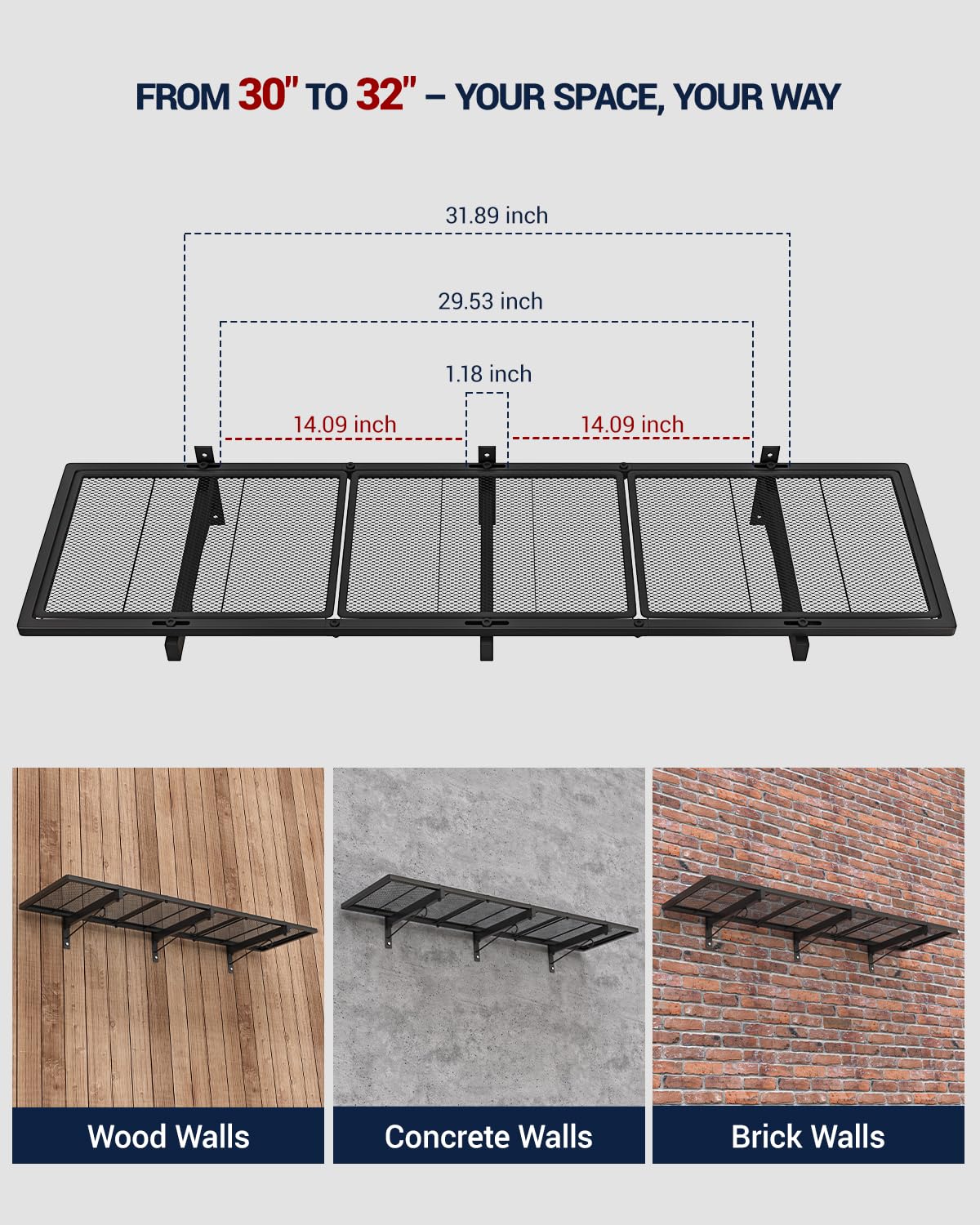 Olgsibb 2 Pack Garage Wall Shelving, 46 x 12.5 in Heavy Duty Garage Shelves Wall Mounted, Metal Floating Wall Shelf with 8 Hooks, 360 lbs Capacity Garage Storage Organizer for Basement, Workshop