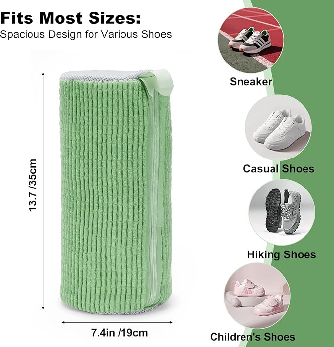 Shoe Washing Machine Bag - Laundry Shoe Bag (2-Pack) Includes 3 Laundry Bags, Reusable, Washer & Dryer Safe, 360° Deep Cleaning for All Shoe Types, Self-Locking Zipper(Green)