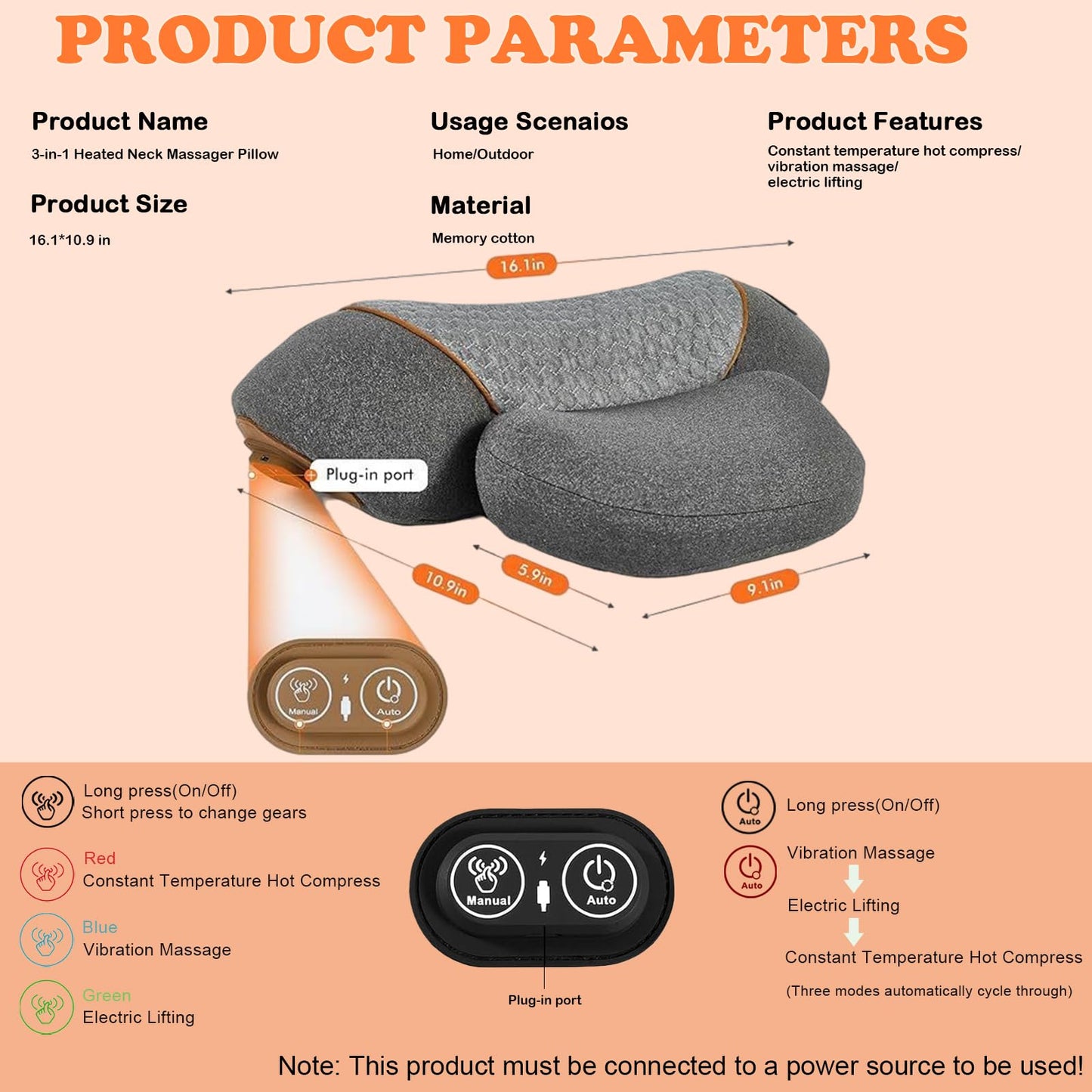 ALIALAVESTA Neck Massage Pillow, 3-in-1 Neck Massager, Traction Massage with Heat, Neck Pillow for Shoulder Pain, Ergonomic Pillow Design for Daily Comfort at Home or Office(Gray)