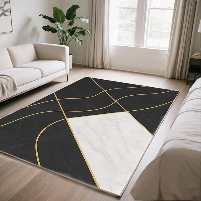 Geometric Marble Rugs - 7x10 Area Rug, Abstract Lines Area Rugs, Luxury Marble Living Room Rug, Washable & Non Slip Large Rug Home Decor