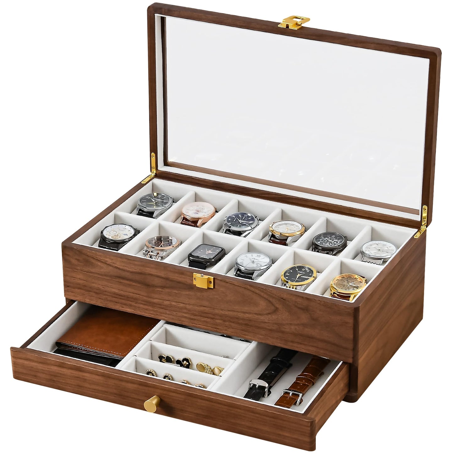 Black Walnut Watch Box for Men, 12 Slot Wooden Watch Organizer with Glass Lid, 2 Layer Watch Display Case with Drawer Jewelry Storage Box, Gift for Husband, Dad, Anniversary, Father’s Day, Women