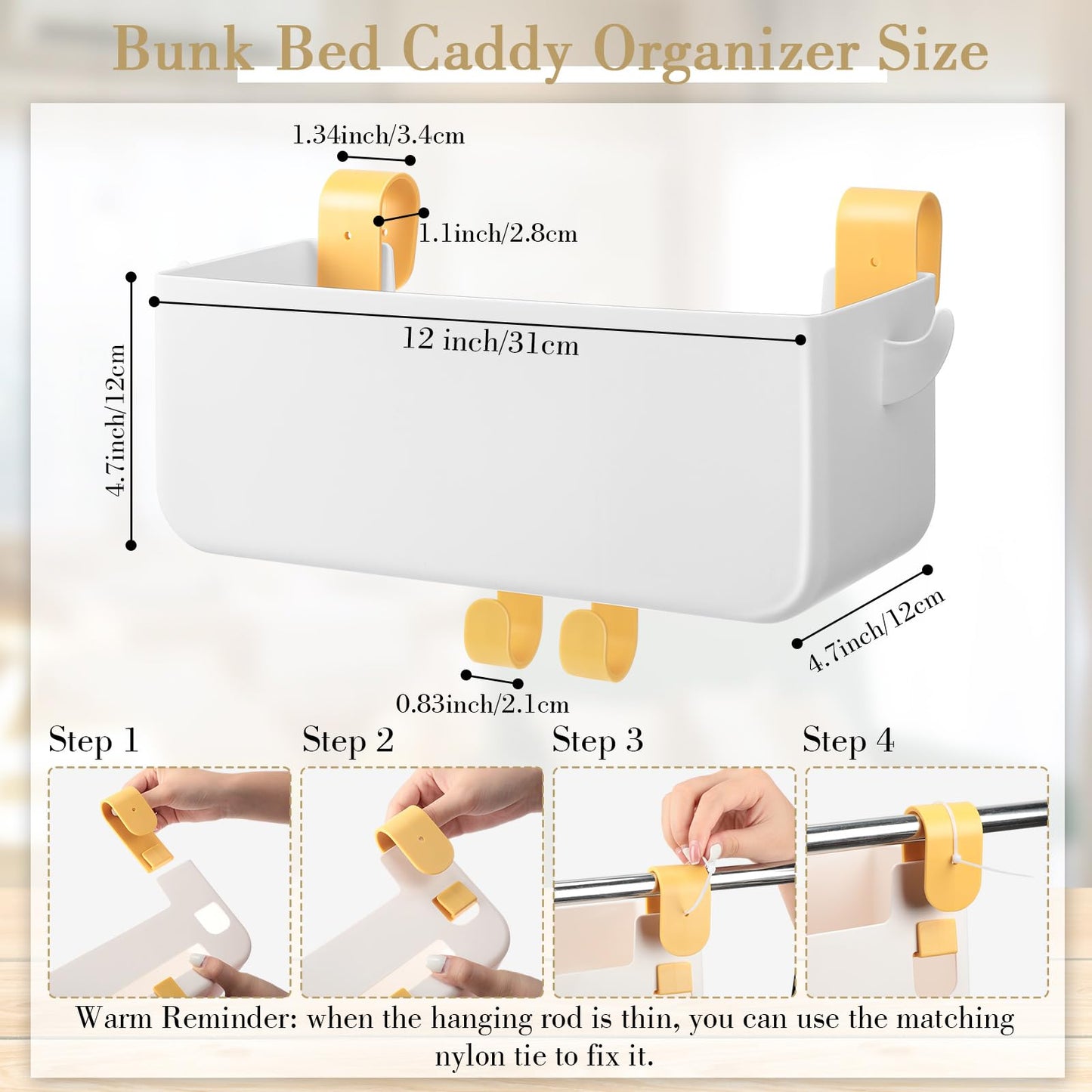 Nitial 2 Pcs Bunk Bed Shelf Hanging Storage Bedside Organizer with Hooks Multi Pockets Plastic Bedside Caddy for Dorm Bed Phone Glasses Rv Loft Bathroom Camper Handrail Book Accessories (White)